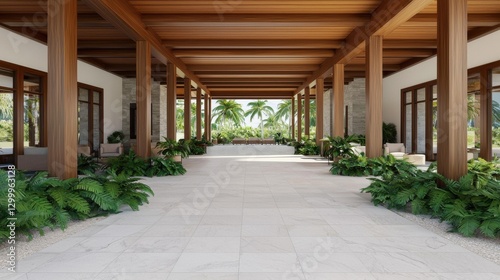 Wallpaper Mural Modern Tropical Lobby with Wooden Beams and Lush Greenery Torontodigital.ca