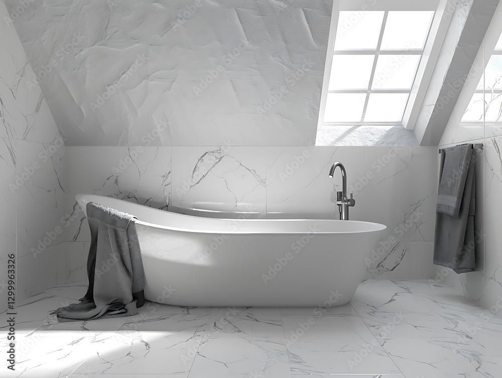 Marble-tiled bathroom, skylights, gray towels, freestandg tub, wooden accents, mimalist design,
