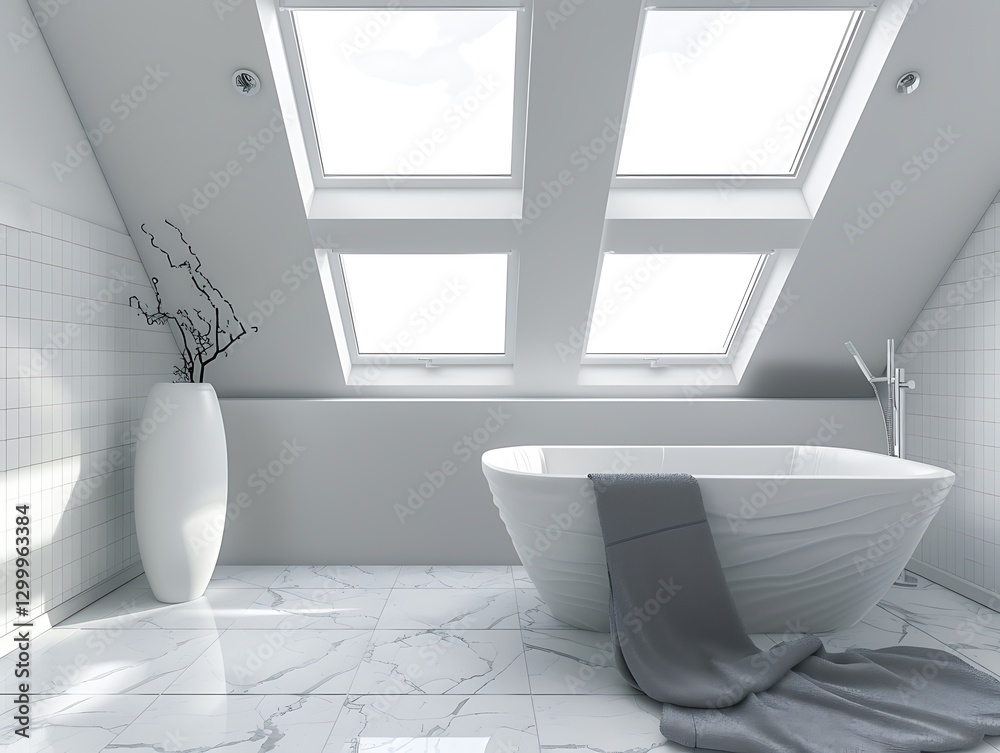 Marble-tiled bathroom, skylights, gray towels, freestandg tub, wooden accents, mimalist design,