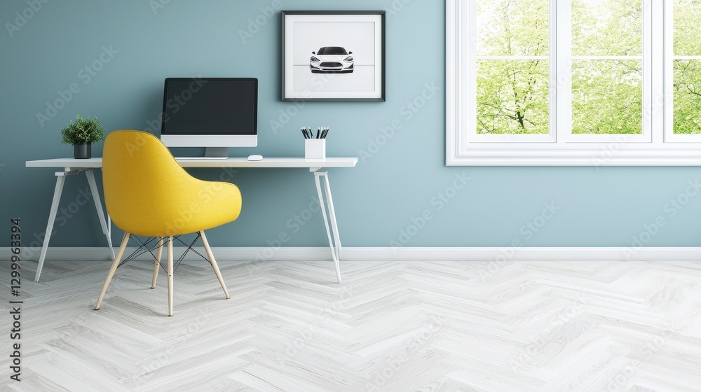 Fototapeta premium Bright Modern Home Office with Yellow Chair and Stylish Decor
