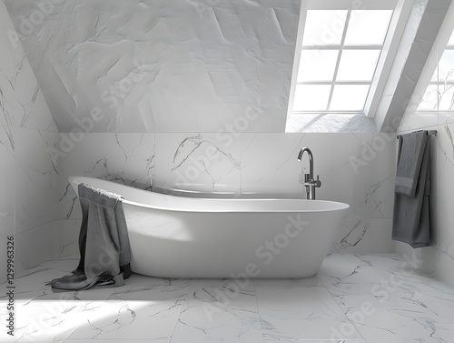 Obraz na płótnie Marble-tiled bathroom, skylights, gray towels, freestandg tub, wooden accents, mimalist design, w salonie