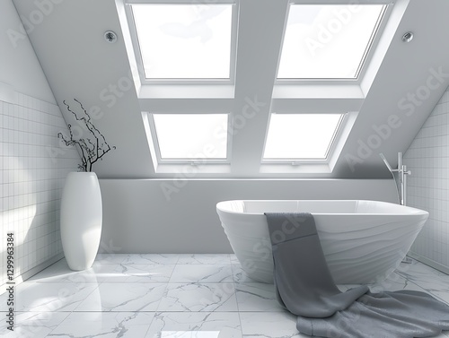 Obraz na płótnie Marble-tiled bathroom, skylights, gray towels, freestandg tub, wooden accents, mimalist design, w salonie