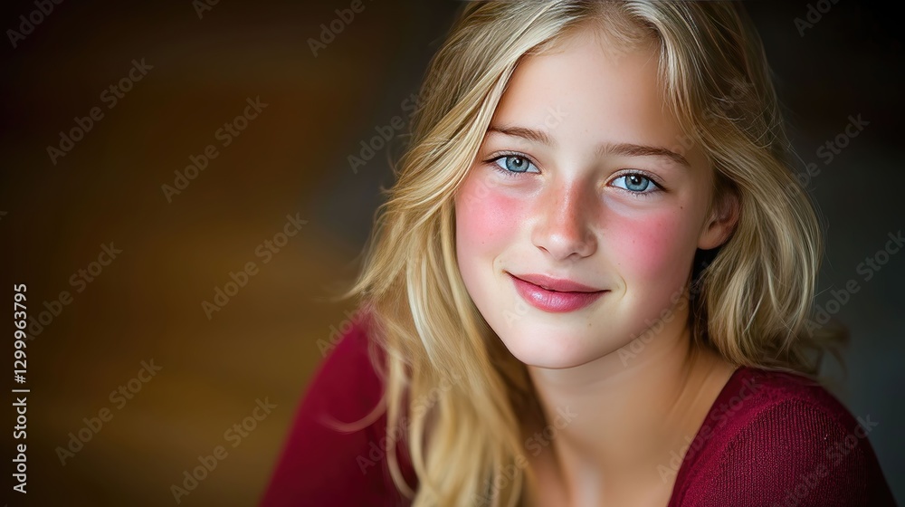 Fototapeta premium A joyful young blonde girl radiates happiness, embodying pure and carefree innocence.