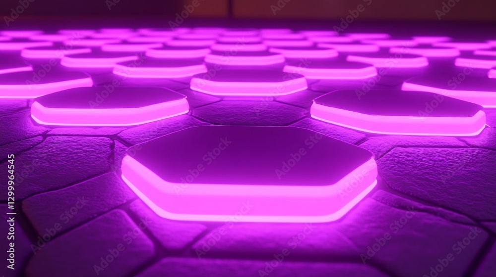 Fototapeta premium Glowing Hexagonal Grid Purple Neon Light Pattern