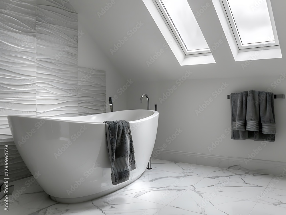 Marble-tiled bathroom, skylights, gray towels, freestandg tub, wooden accents, mimalist design,