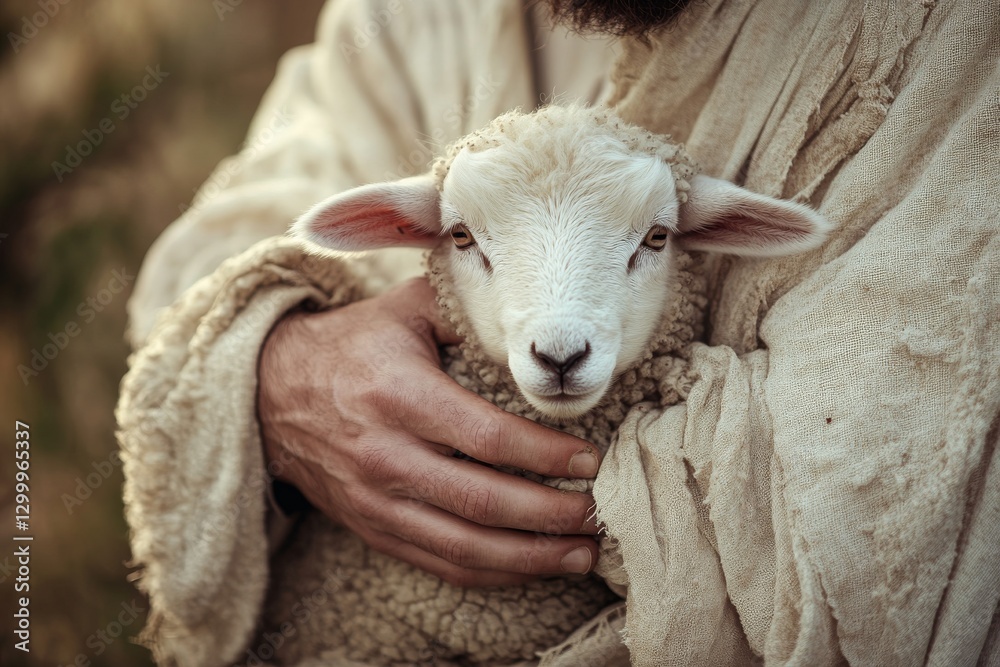 Fototapeta premium Jesus Christ gently holding a lamb.