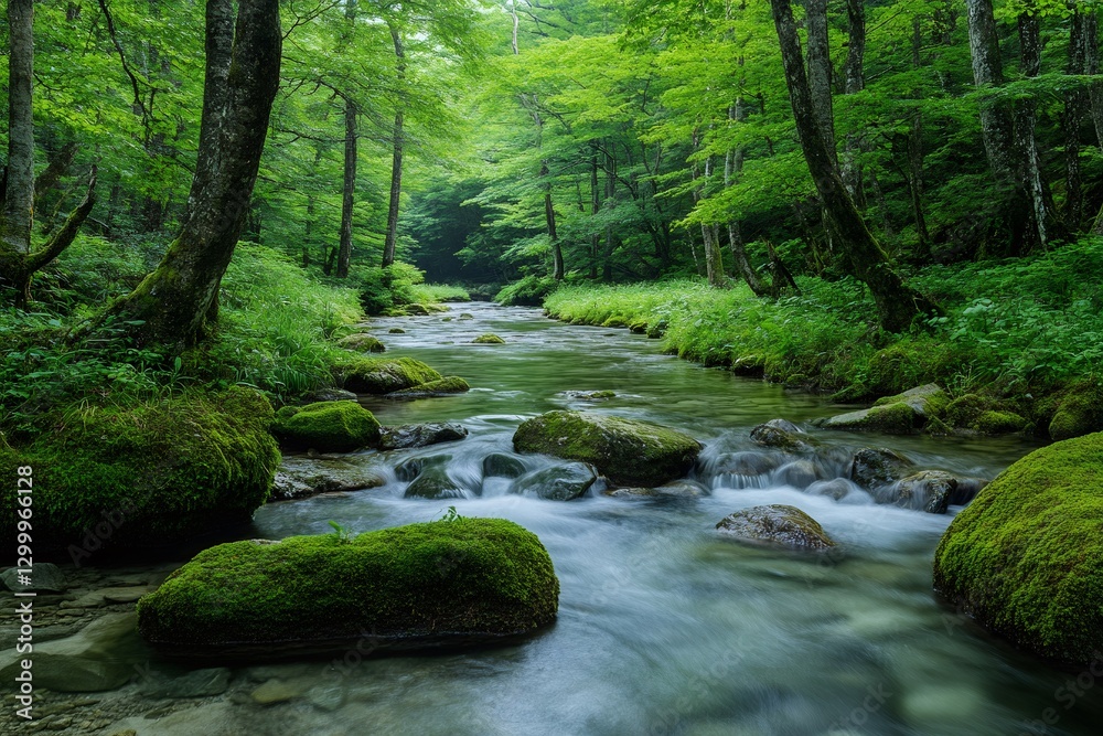 Pristine river flowing through a lush green forest Pristine river flowing through a lush green forest
