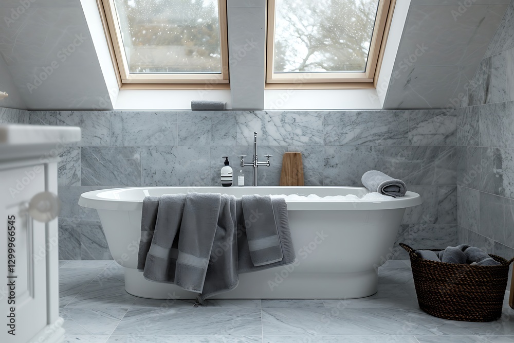 Marble-tiled bathroom, skylights, gray towels, freestandg tub, wooden accents, mimalist design,