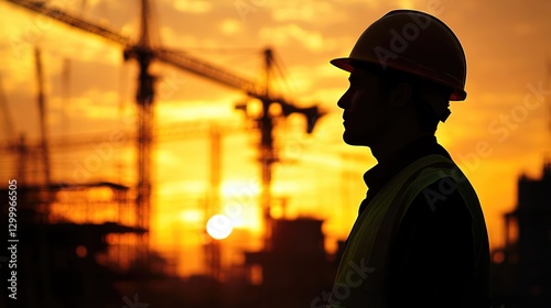 Wallpaper Mural Engineer in hard hat stands against sunset, embodying resilience and progress in construction. Torontodigital.ca