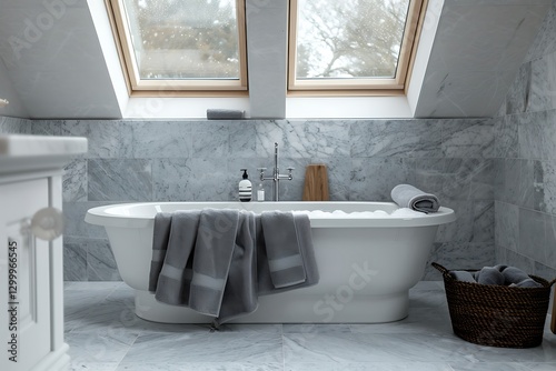 Obraz na płótnie Marble-tiled bathroom, skylights, gray towels, freestandg tub, wooden accents, mimalist design, w salonie