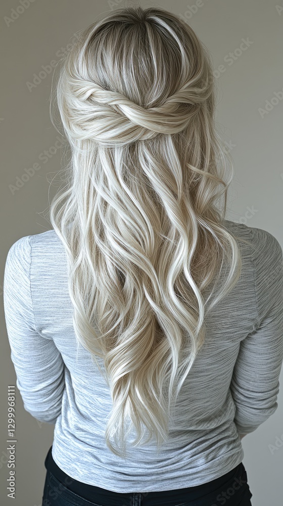 Naklejka premium Woman with long, wavy blonde hair styled elegantly, standing against a neutral background