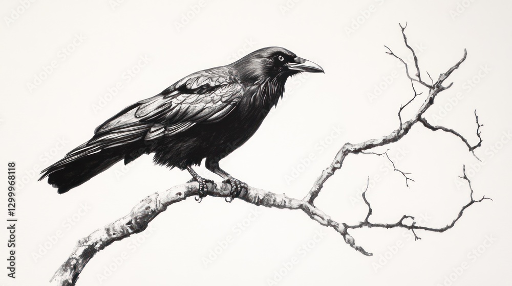 Obraz premium Detailed black and white drawing of a crow perched on a bare tree branch.