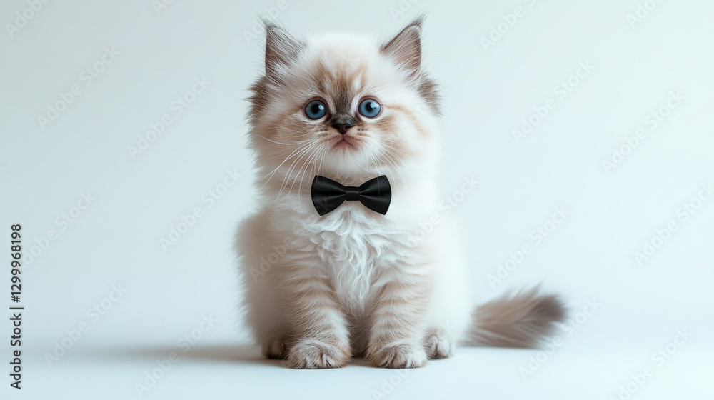 Obraz premium Fluffy white Persian kitten in a bow tie sits gracefully on a minimalist background