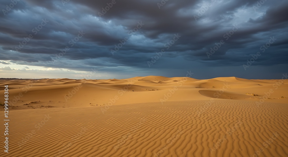 Naklejka premium Wind-sculpted sand dunes under a dramatic cloudy sky in the Arabian desert