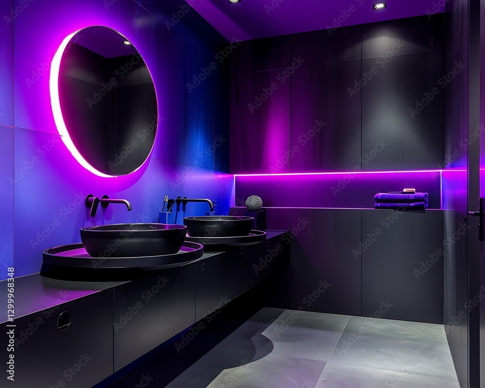 Bathroom with purple and black colors, neon lights, round mirror, modern mimalist design, high resolution,