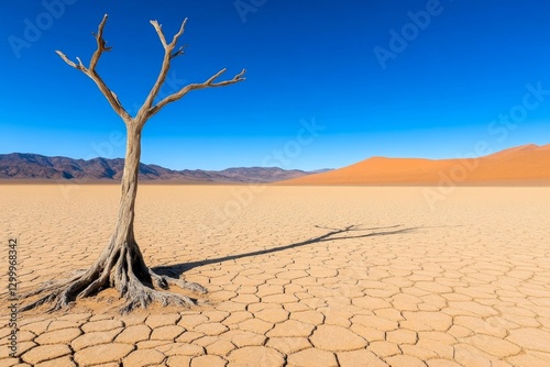 A dead tree in the middle of a desert, its roots exposed by the eroded soil