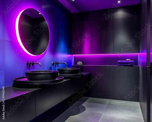 Obraz na płótnie Bathroom with purple and black colors, neon lights, round mirror, modern mimalist design, high resolution, w salonie