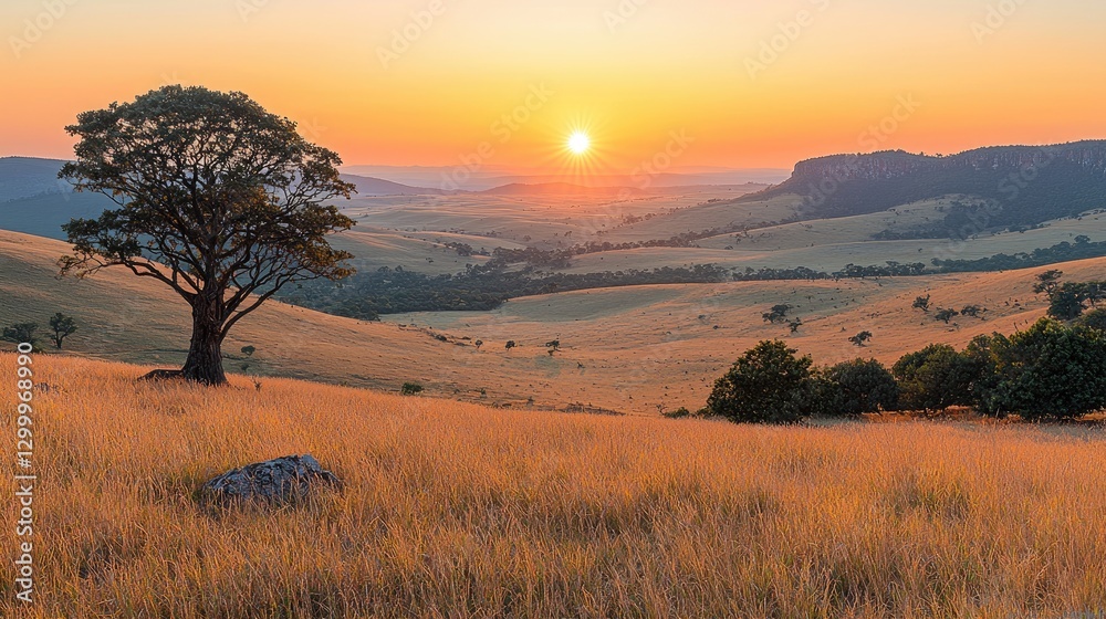 Serene sunset over rolling hills with a solitary tree and golden grass in the foreground Serene sunset over rolling hills with a solitary tree and golden grass in the foreground