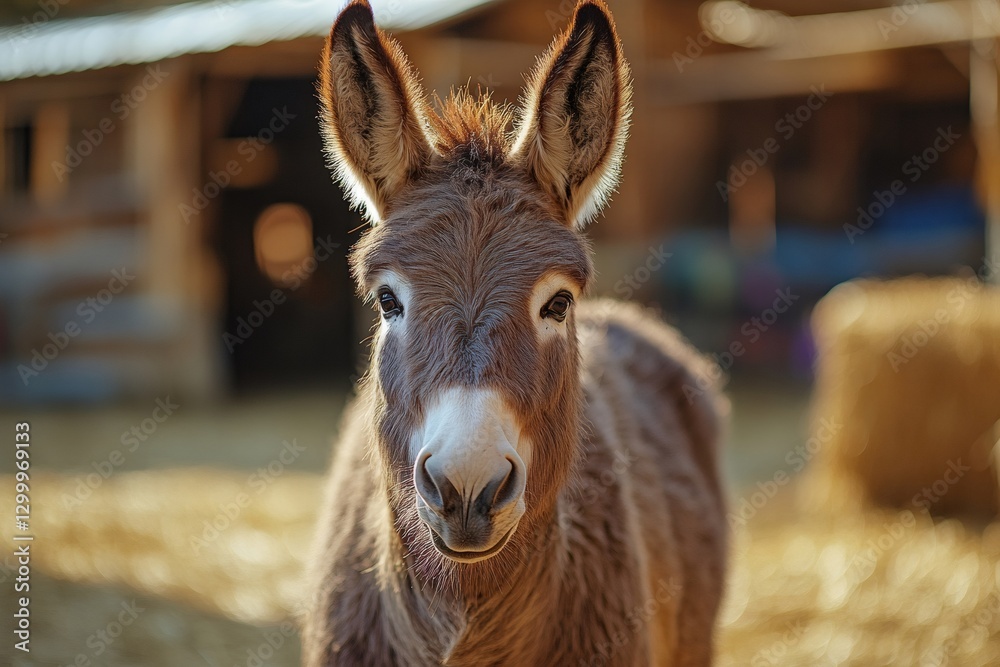 Fototapeta premium Brown donkey standing on straw in a barn