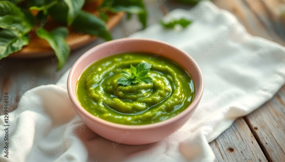 A bowl of green chile sauce adorned with parsley sits on a wooden table, embodying the essence of summer cuisine A bowl of green chile sauce adorned with parsley sits on a wooden table, embodying the essence of summer cuisine