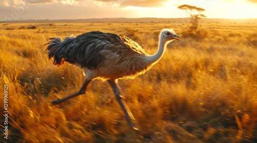 An ostrich gracefully runs through a golden grassland at sunset, capturing the beauty of nature and wildlife in motion.
