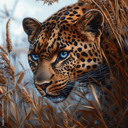 Close-up of a leopard in tall grass, showcasing its striking features and vivid blue eyes, blending seamlessly with the environment.