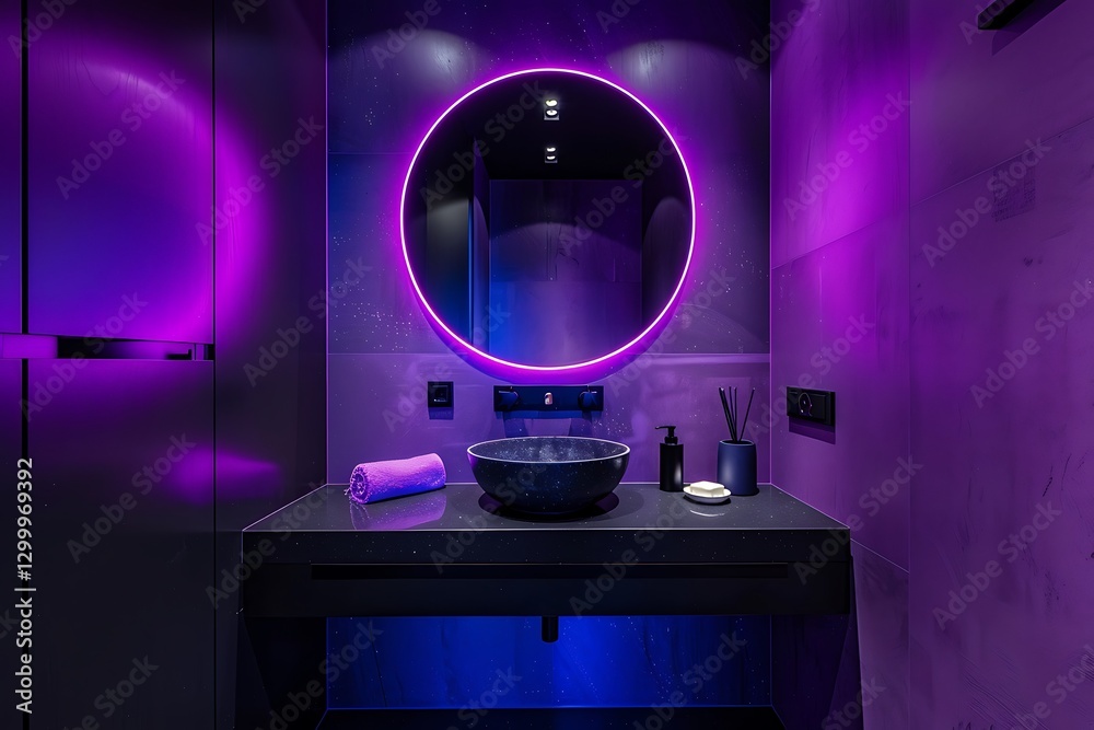 Bathroom with purple and black colors, neon lights, round mirror, modern mimalist design, high resolution,