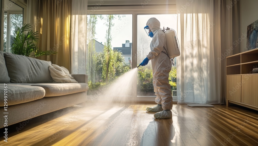Fototapeta premium A man in a protective suit poisons insects in a room.