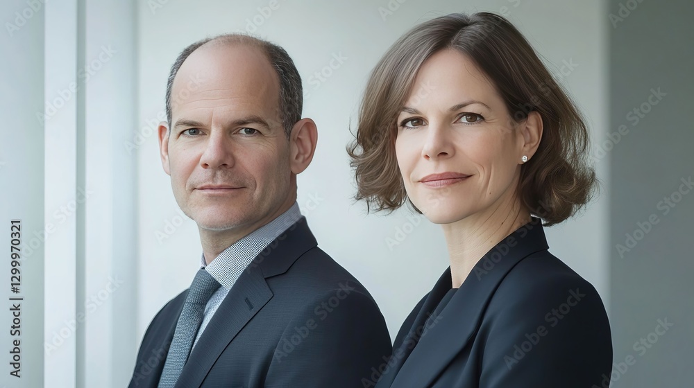 Two professionals in formal attire, conveying confidence and collaboration in a modern business setting. Two professionals in formal attire, conveying confidence and collaboration in a modern business setting.