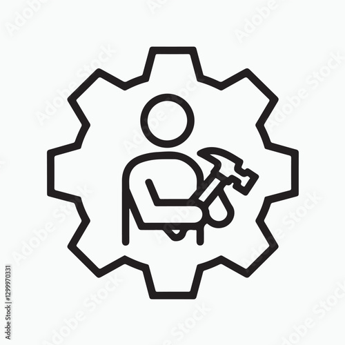 A simple human figure in lineart holding a hammer, with a gear subtly placed behind in silhouette form. The contrast highlights labor and progress labor day.eps