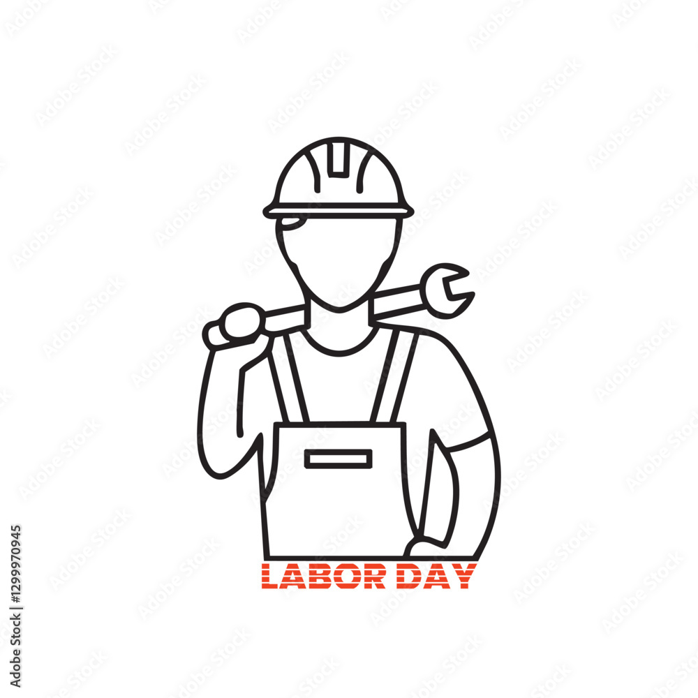 A simple lineart silhouette of a worker wearing a hard hat, holding a wrench over his shoulder.labor day vibes.eps A simple lineart silhouette of a worker wearing a hard hat, holding a wrench over his shoulder.labor day vibes.eps