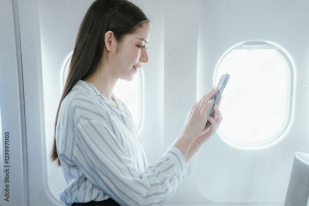 A businesswoman sits by the airplane window. She enjoys a luxurious travel experience that symbolizes success, adventure, and the excitement of traveling to new destinations. A businesswoman sits by the airplane window. She enjoys a luxurious travel experience that symbolizes success, adventure, and the excitement of traveling to new destinations.