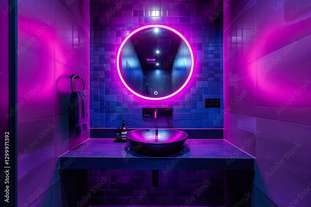 Bathroom with purple and black colors, neon lights, round mirror, modern mimalist design, high resolution,