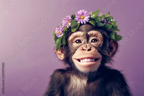 Isolated purple background, copy space, promotion concept art. Cute baby animal chimpanzee wearing fierce flower crown on its head - symbol of sunny summertime. Animal with floral decorations. photo