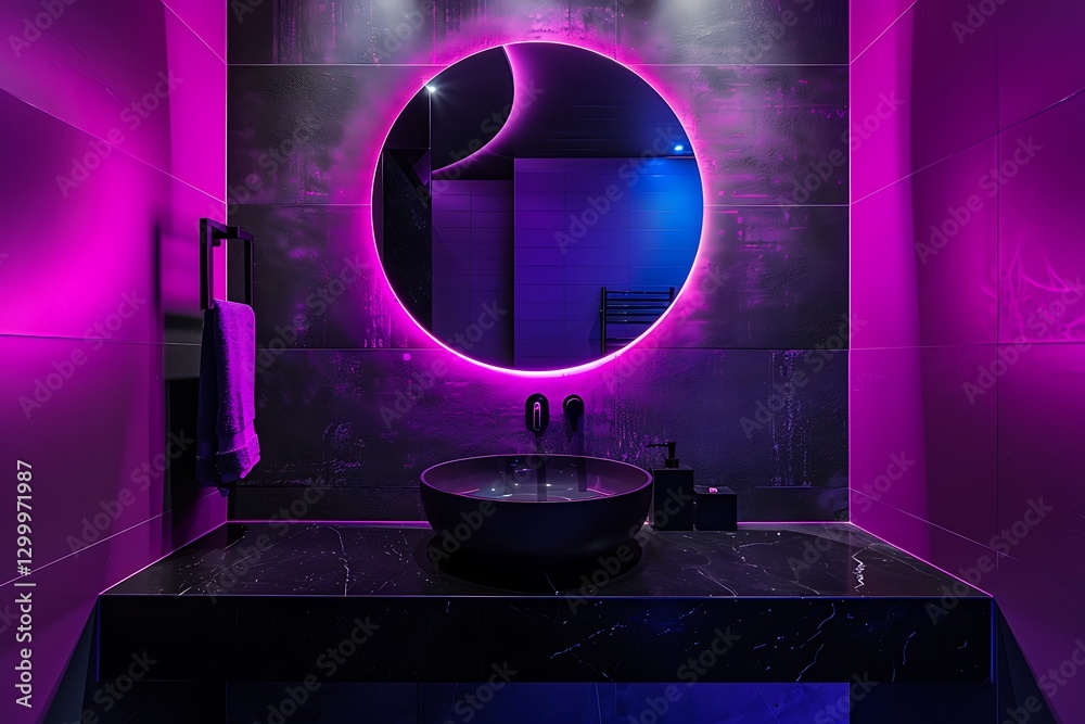 Bathroom with purple and black colors, neon lights, round mirror, modern mimalist design, high resolution,