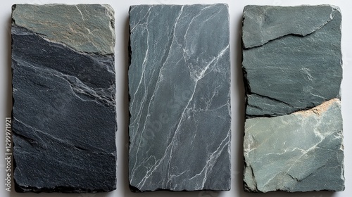 Macro view of four soapstone tiles in charcoal, green, grey, and blue veining