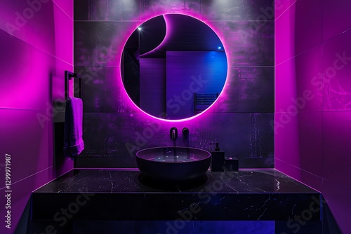 Obraz na płótnie Bathroom with purple and black colors, neon lights, round mirror, modern mimalist design, high resolution, w salonie