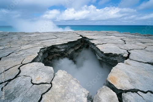 A dramatic image of the earth splitting open, with steam and dust rising from the cracks