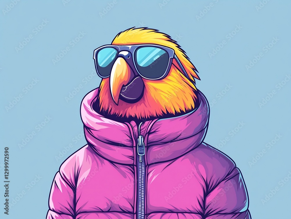 Fototapeta premium parrot in purple puffer jacket, oversized sunglasses