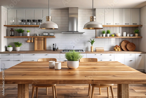 Modern farmhouse kitchen with wooden dining table, white cabinets, and open shelving.