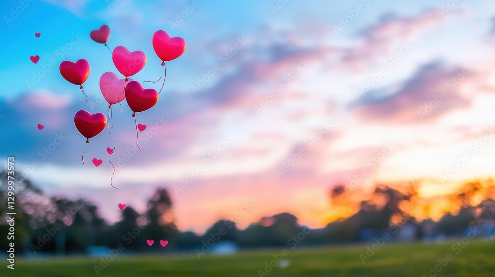 Fototapeta premium Heart balloons lifting off into the sky at sunset, representing hope, dreams, and the fleeting beauty of precious moments.