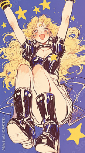 Retro comic style blonde female, starlight, blonde hairstyle with bangles, purple or color yellow background on the Kawaii girl concept