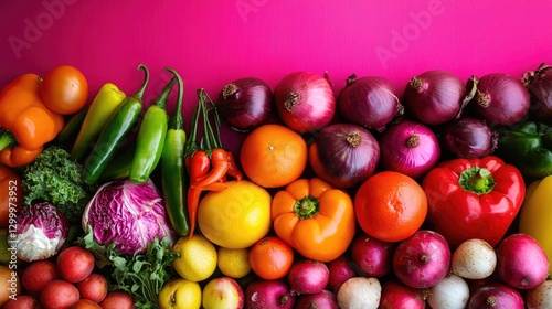 Vibrant colorful vegetables, pink background, healthy food, recipe