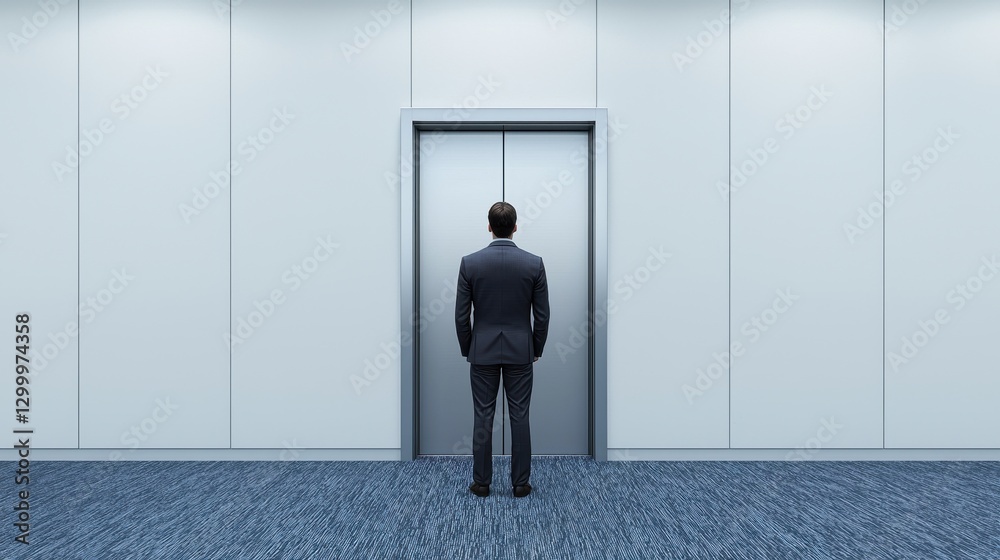 Man in Suit Waiting in Front of Modern Elevator in Office Building Man in Suit Waiting in Front of Modern Elevator in Office Building