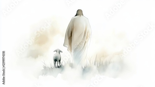 Painting of Jesus Christ walking with a lamb in the meadow.	
