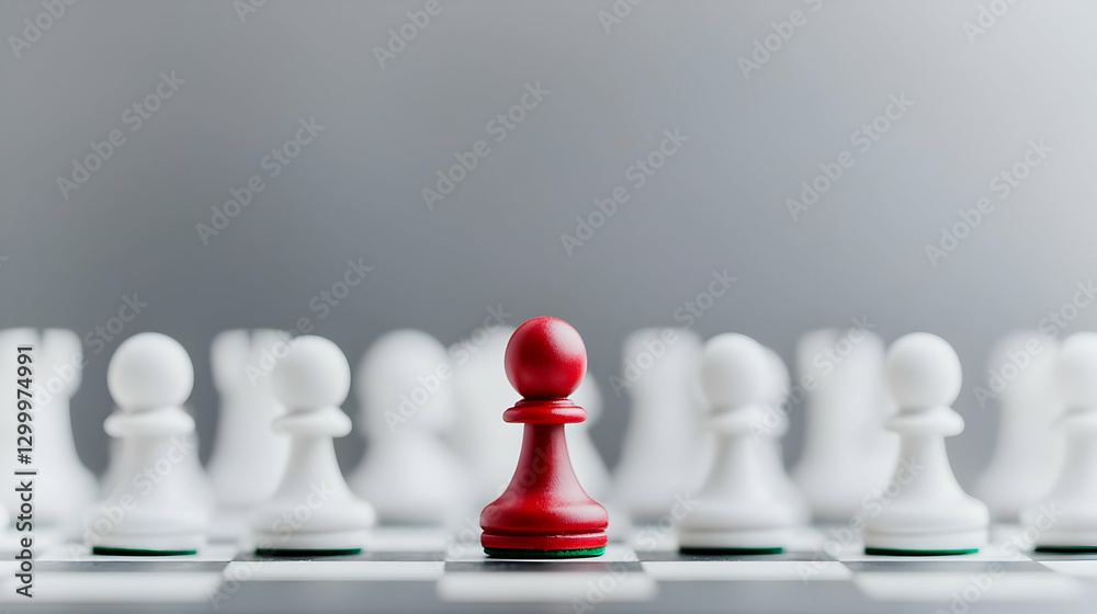 Red Chess Pawn Standing Out Amongst White Pawns on a Checkered Board Symbolic of Strategy and Competition Red Chess Pawn Standing Out Amongst White Pawns on a Checkered Board Symbolic of Strategy and Competition