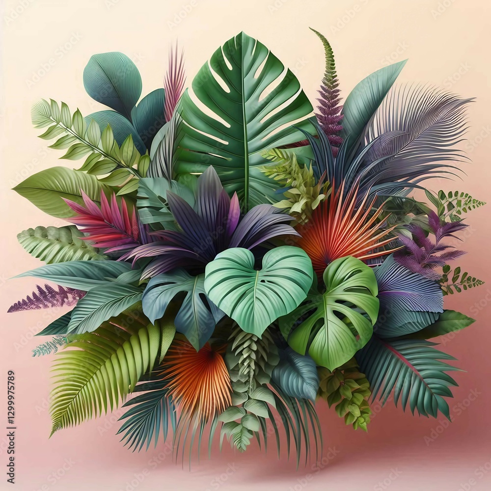 An artistic arrangement of diverse tropical leaves in an array of colors, showcasing nature’s variety. An artistic arrangement of diverse tropical leaves in an array of colors, showcasing nature’s variety.