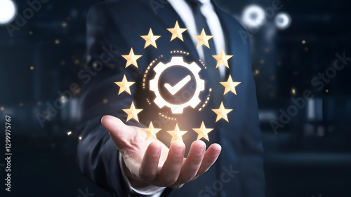 A digital illustration of a hand extended forward, appearing to hold a glowing certification badge with a checkmark inside a gear-like emblem. Surroundin