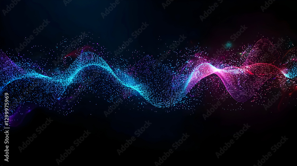Abstract Digital Wave Displaying Glowing Particles on Dark Background with Blue and Pink Color Tones Abstract Digital Wave Displaying Glowing Particles on Dark Background with Blue and Pink Color Tones