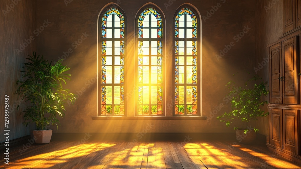 Fototapeta premium Stained glass windows illuminating a modern interior with soft natural light